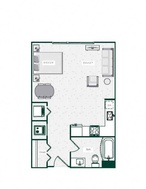Floor plan for studio, 1 bath, 538 sqft